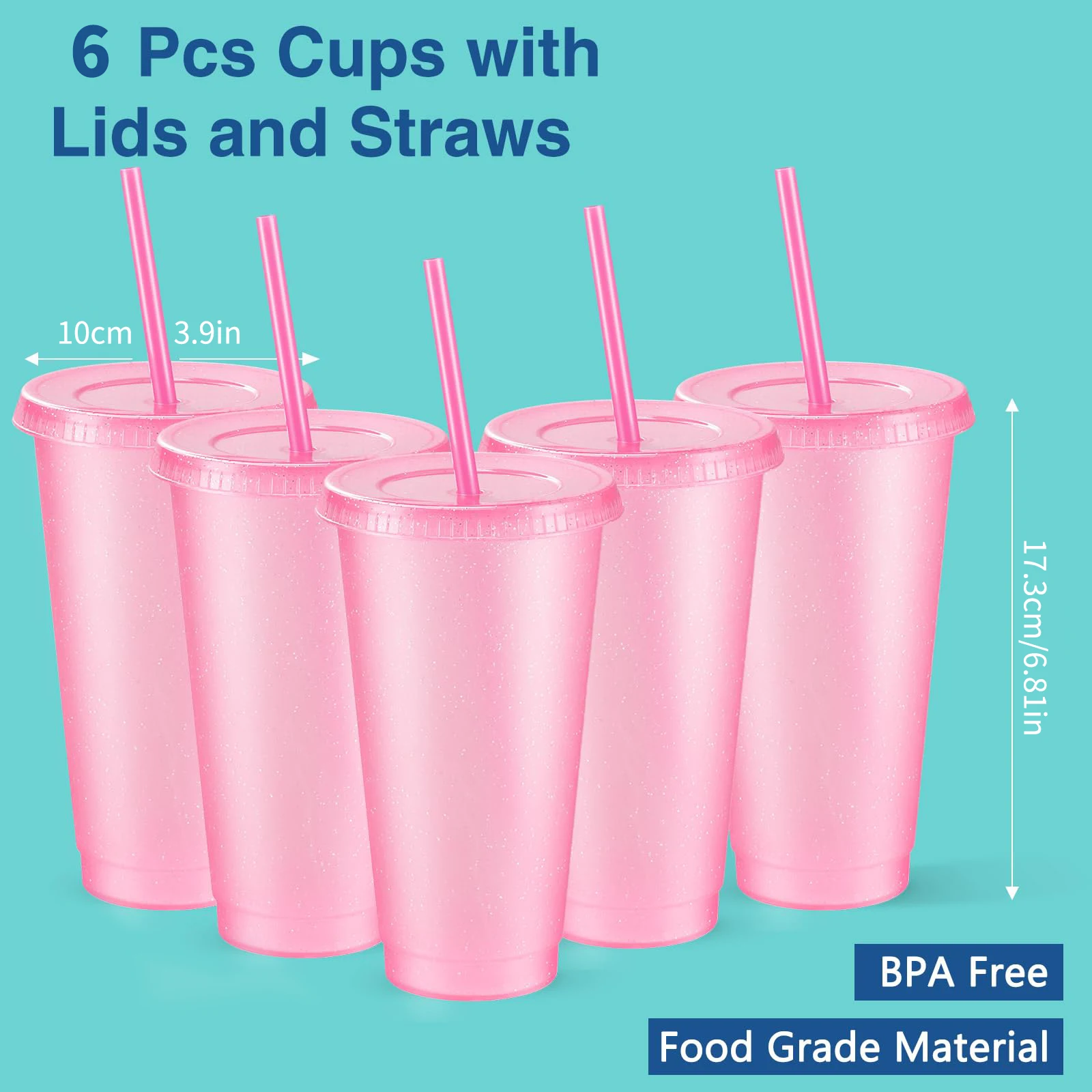 6 pcs Reusable Cups with Lids and Straws Plastic Glass Iced Coffee Travel Mugs Smoothie Juice Birthday Overnight Party Supplies