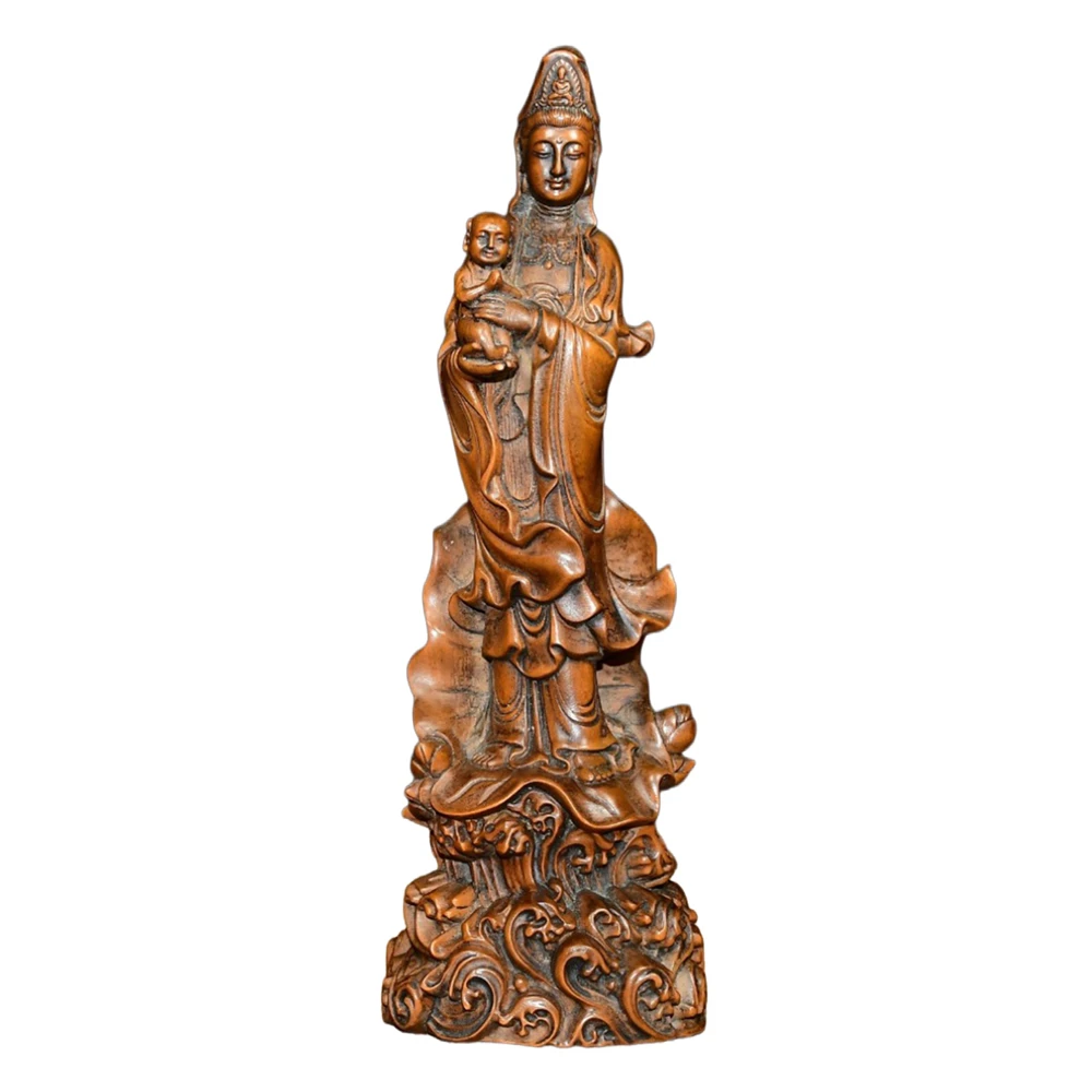 Home Decor Living Room Carved Wooden Guanyin Kannon Child Statue Sculpture Feng Shui Fertility Parenthood Joy meditation
