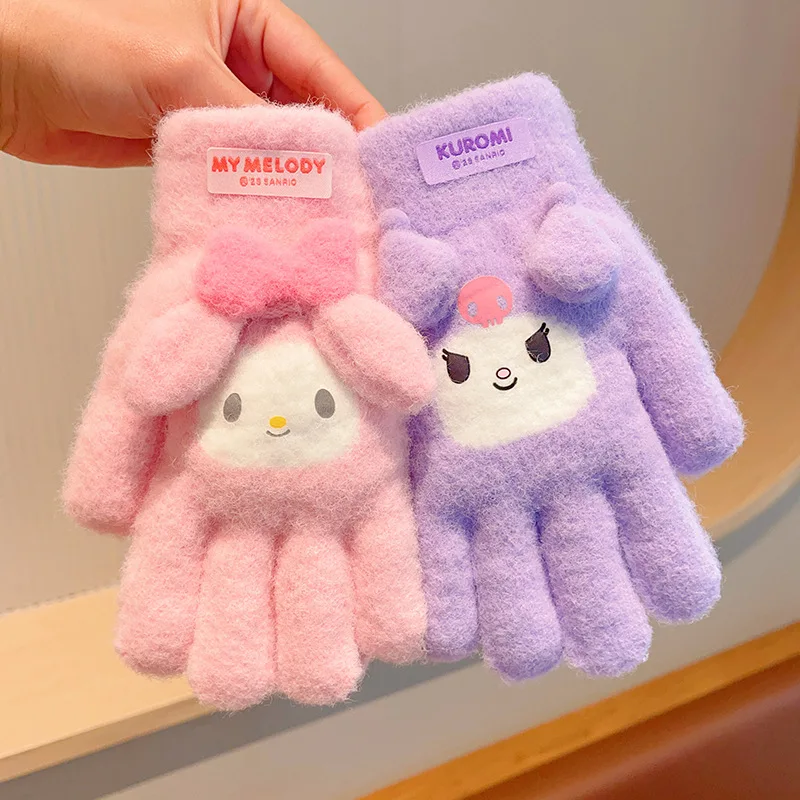 Rękawiczki dziecięce Sanrios My Melody New Winter Kuromi Kawaii Cartoon Gloves Child Anime Figure Keep Warm Girl Student Finger Cot