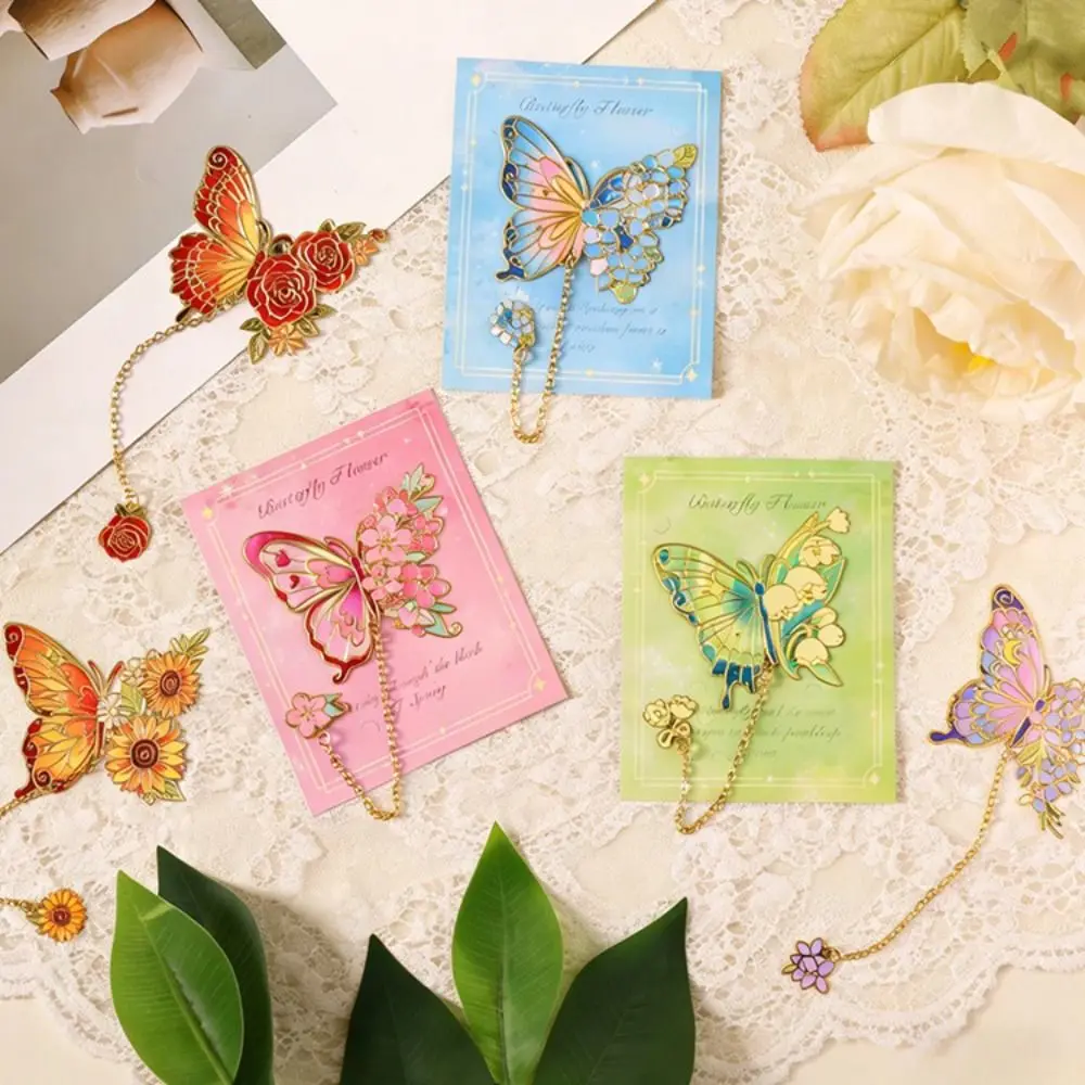 Colorful Butterfly Metal Butterfly Bookmark Tassel Chain Hollow Flower Flower Painting Bookmark Colorful Bronzing
