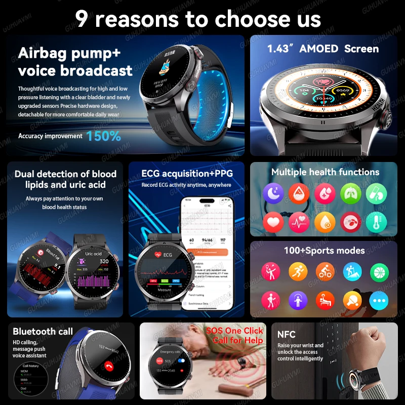 2026 NEW AIR Bag Health Smart Watch ECG+PPG Blood Pressure Heart Diagnosis BT Call Three High Analysis NFC Broadcast Smartwatchs