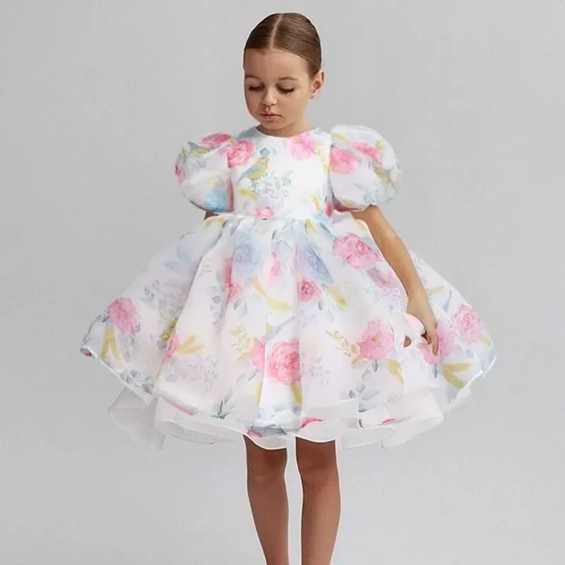 Fashion Girls Dresses Kids Puff Sleeve Elegant Party Wedding Birthday Tutu Princess Vestidos 2024 New Children Summer Clothes