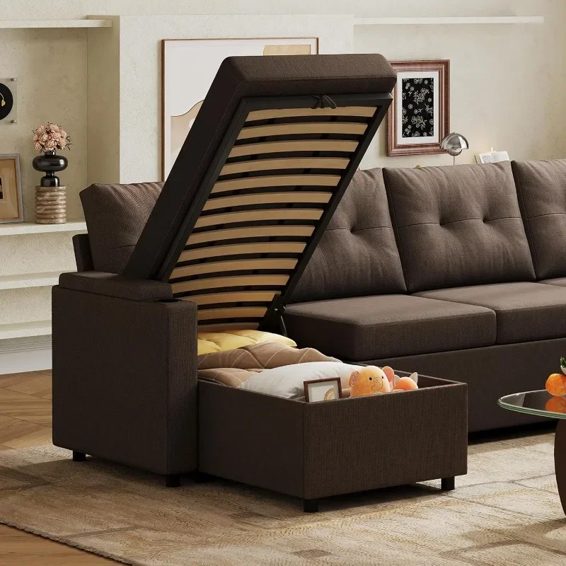 WLIVE 110'' Sectional Couches for Living Room, Pull Out Couch, U Shape 7 Seat Sleeper Sofa with Storage Chaise and Pillows,