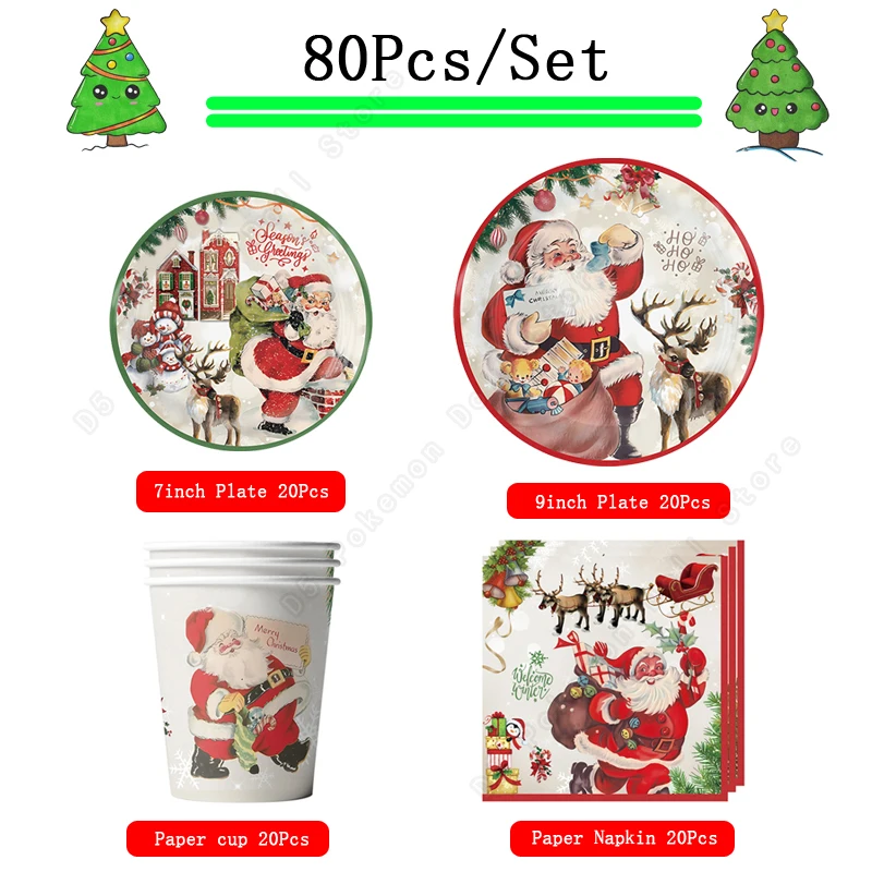 80Pcs/Set Christmas Tableware Kit Festive Party Supplies Plate Napkins Paper Cups Goodie Bag Christmas Party Decorations