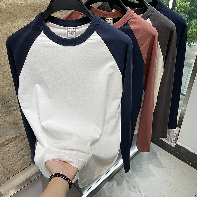 Japan Style Contrast Color Patchwork Long Sleeve T-shirt Men Summer Fashion Premium Cotton Retro O-neck Pullover Basic Tops Tees