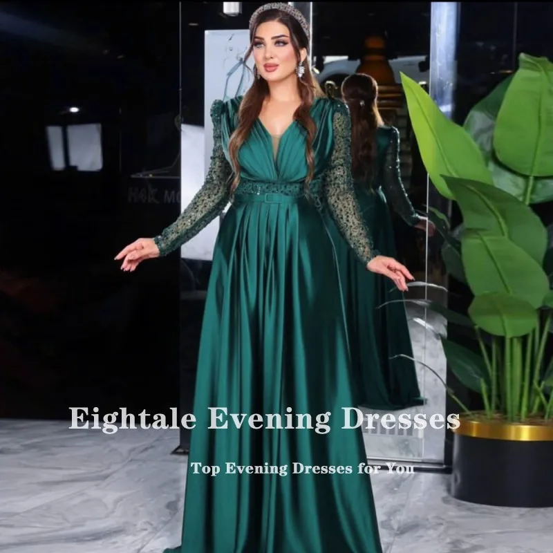 Eightale Emerald Green Evening Dresses V-Neck Long Sleeves Satin A-Line Customized Prom Party Gown Wedding Robes De Soirée