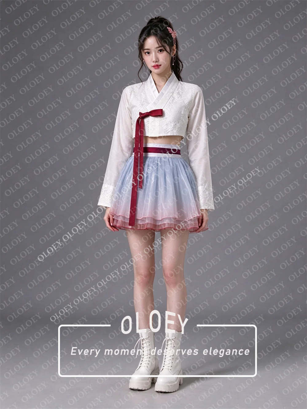 OLOEY Modern White And Gradient Blue Pink Short Hanbok Set V Neck Long Sleeve Appliques Jeogori Organza Mini Skirt Customized