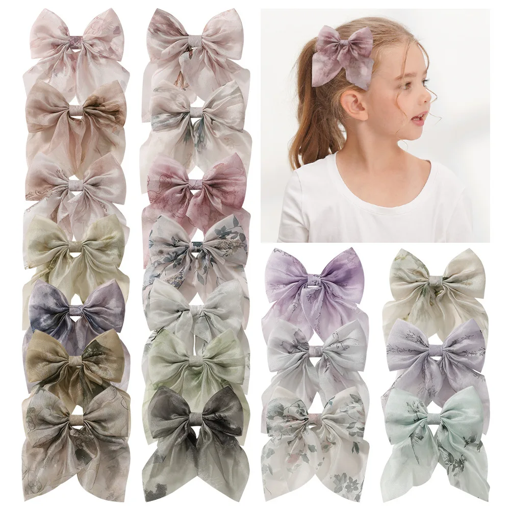 

40 PCS, 4.33" Chinese Brush Painting Satin Fabric Bow Hair Clips For Kids Girls Ponytail Bangs Lolita Hairpins Hair Accessories