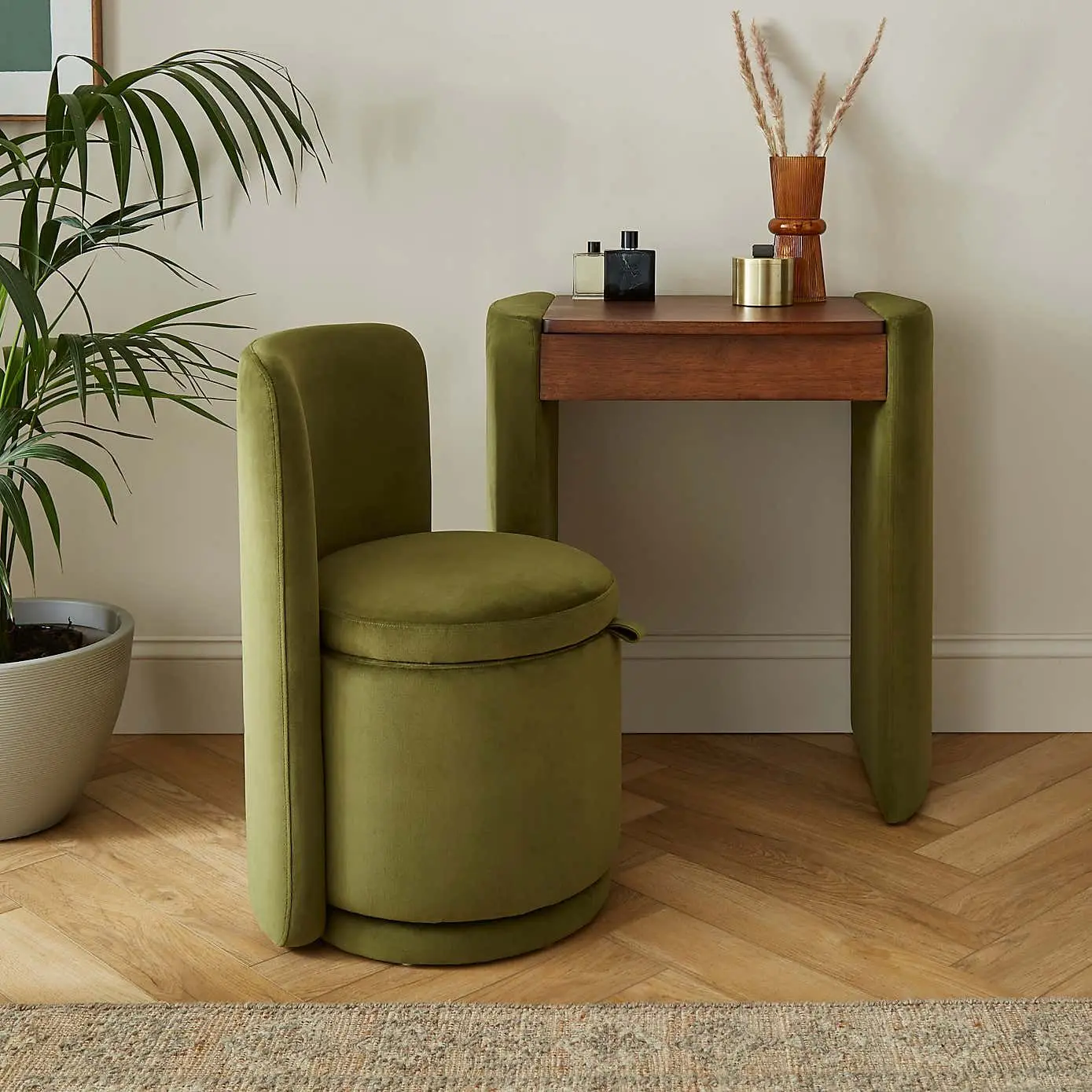 Vintage Velvet Corner Dressing Table Set Compact Wooden Makeup Vanity Desk With Hidden Mirror and Stool for Small Spaces