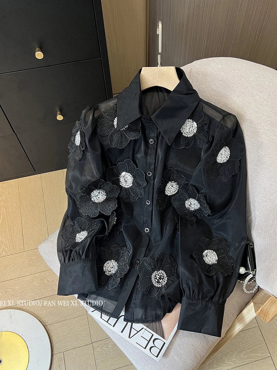 Spring Summer Long Sleeve Sequins Petals Applique White Beige Mesh Shirts and Blouses For Women Sexy See- through Tops