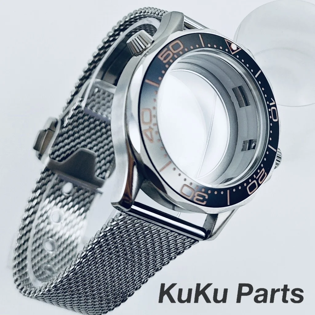 NH35 41mm Case Black Ceramic Bezel Mesh Strap Bracelet for Seamaster 300 Watches 10ATM Waterproof fit NH34 NH35 NH36 Movement