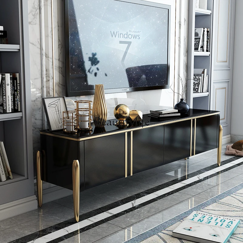 Light luxury black marble TV cabinet with bright paint modern simple living room TV cabinet