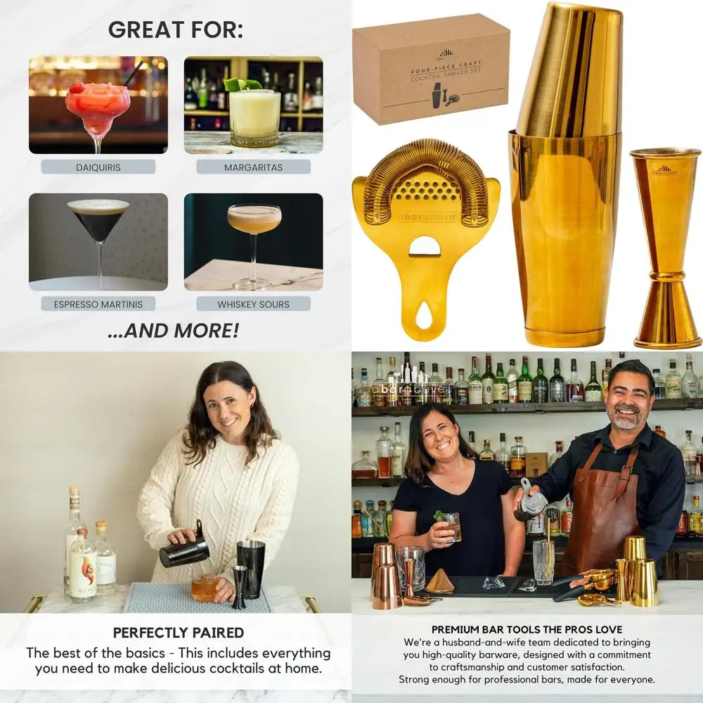 

4-Piece Professional Bartending Kit: Boston Shaker, Strainer, Jigger, Stainless Steel Accessories for Crafting Cocktails in Gold