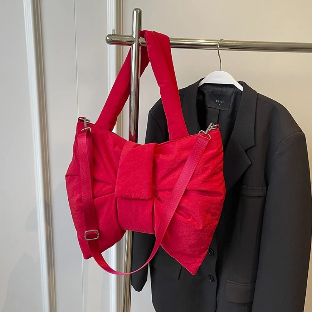 الكورية نمط Ruched Bowknot حقيبة كتف سعة كبيرة مبطن بالقطن النايلون مبطن حمل حقيبة لينة التنقل حقائب كروسبودي #4