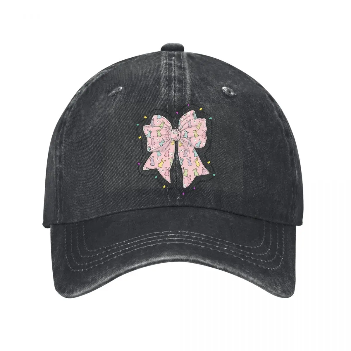 Sweet House Pastel Bunny Bow Floral Graphic Washed Baseball Cap Outdoor Hat