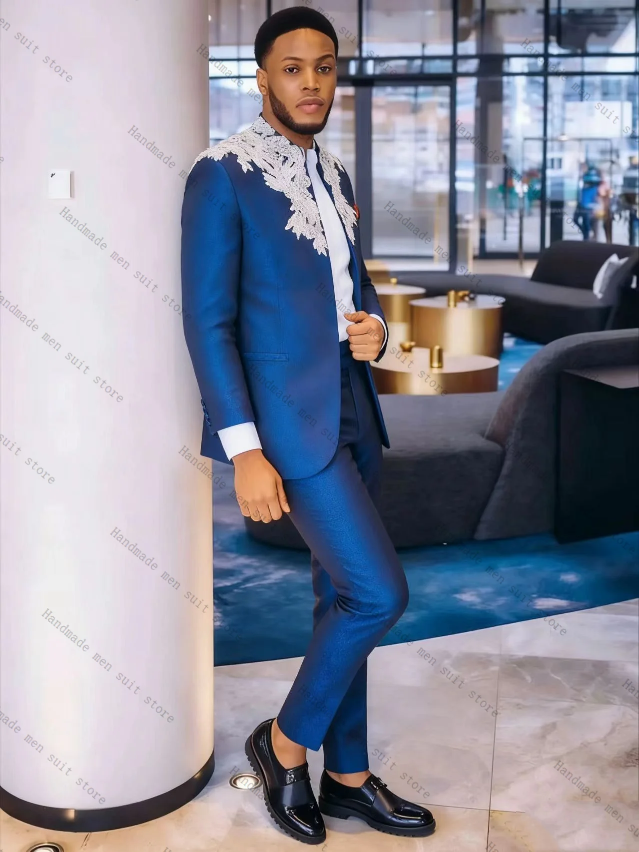 Blue Men Suit Set 2 Piece Blazer+Cotton Pants Appliqued Prom Wedding Tuxedos Coat Customized Formal Office Fashion Jacket