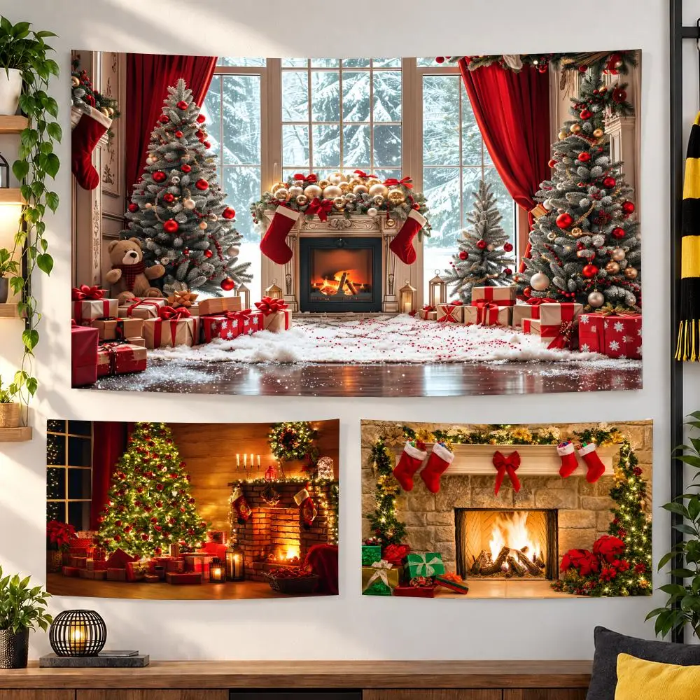 Christmas Fireplace And Stockings Tapestry Custom Living Bedroom Party Dormitory Interior Wall Bohemian Decoration Attached Clip