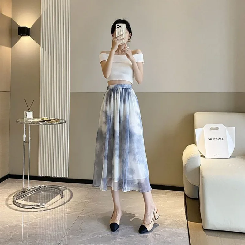 Womens High Waist Tie Dye Chiffon Midi Skirt Elastic Waist Flowy Sheer Beach Skirt