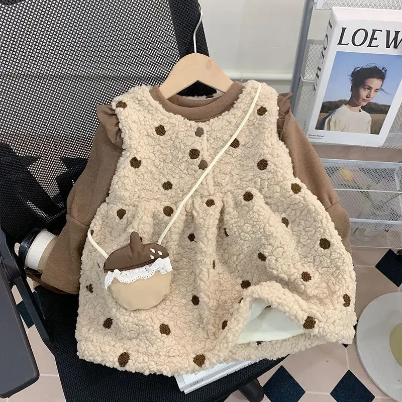 Baby Girls Sets Fashion Pure Color Base Shirts Lamb Wool Dot Tank Dress 2024 Winter New Childrens Two Piece Sets