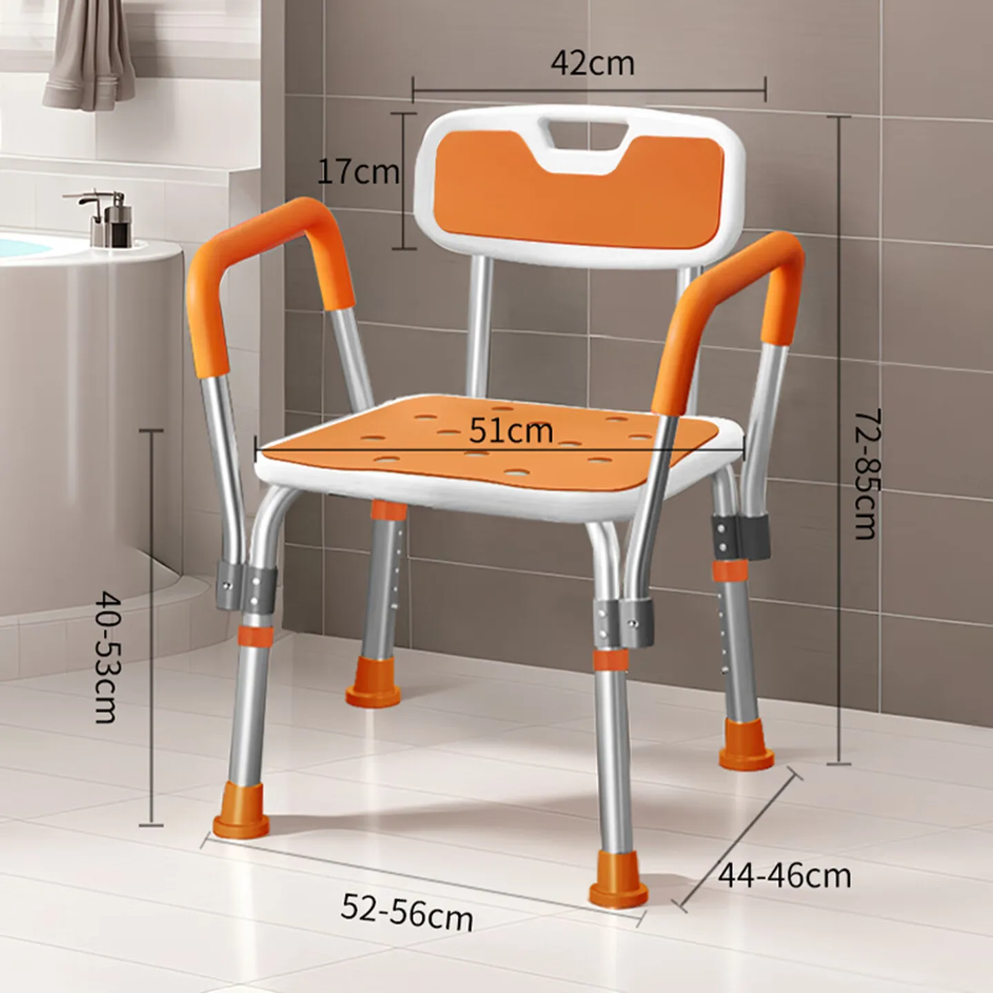 Aluminum Shower Chair with Armrests for Seniors, Thick Non Slip Padded Seat and Reinforced Rust Resistant Tubes for Bathing