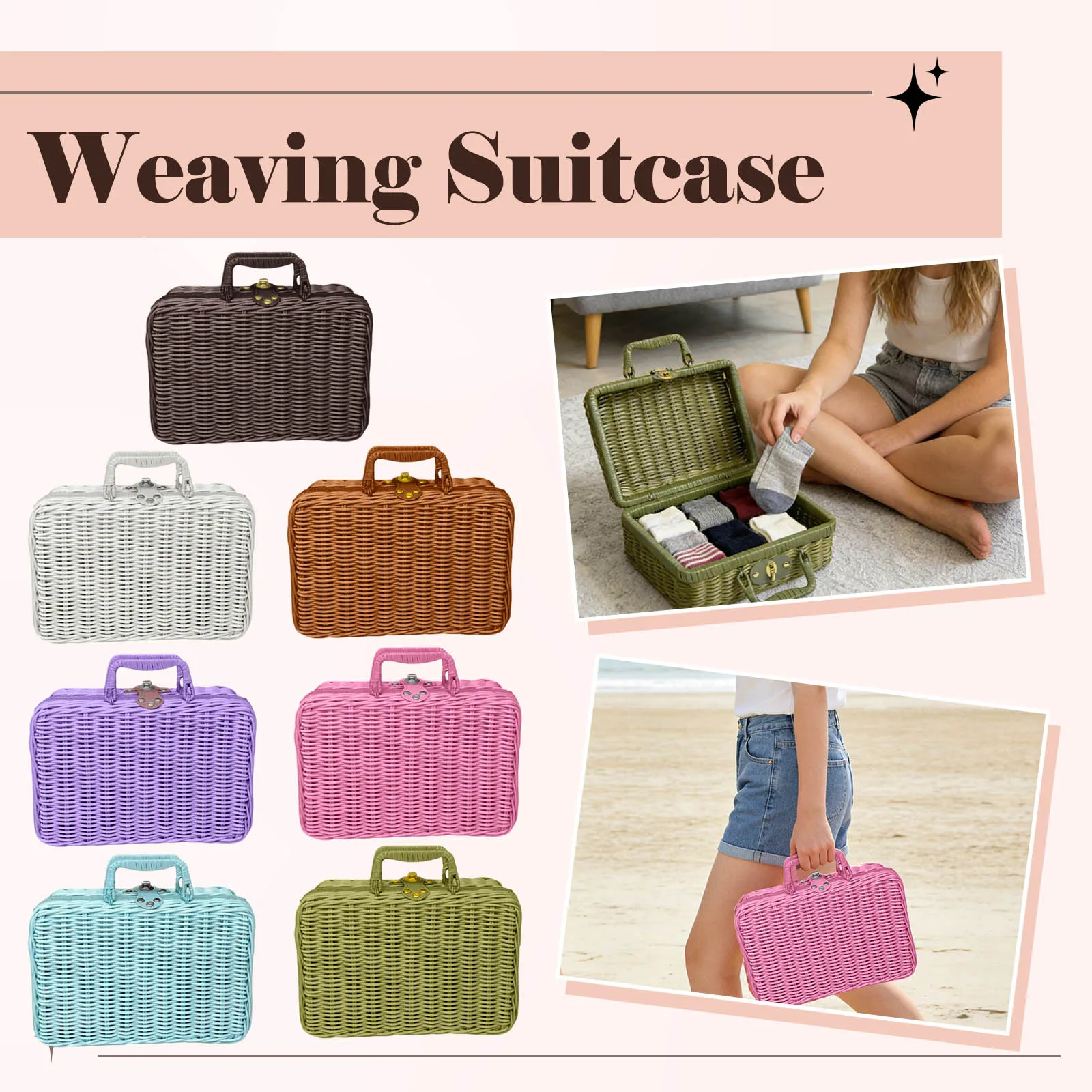 

Mini Wicker Picnic Basket Decorative Prop Suitcase Vintage Storage Hamper Makeup Organizer Metal Lock Rattan Storage Box