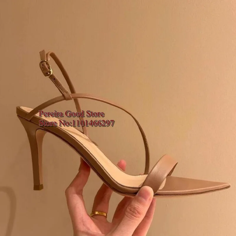 Newest Pointy Toe High Heel Sandals Black Nude Leather Open Toe Buckle Strap Thin Heels Summer Formal Female Dress Shoes
