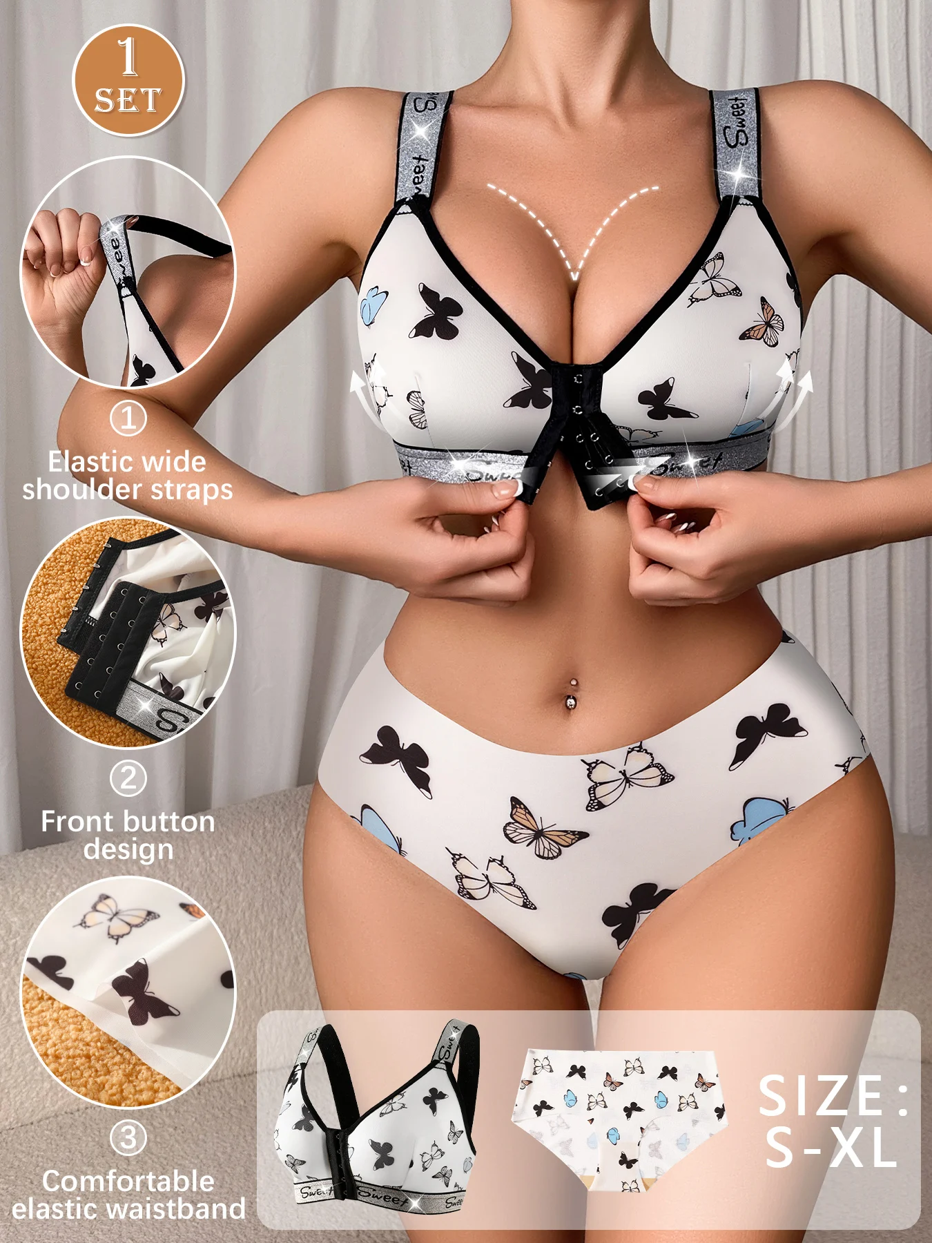 1 Set Damenunterwäsche-Set mit weißem Schmetterlingsdruck, Bügel-BH und nahtloser Unterwäsche, BH mit Knöpfen vorne