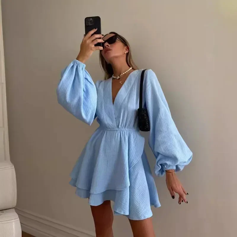 

Summer Women Solid Color V-neck Lantern Sleeve Fashionable Mini Dress 2025 Commuting Waist Cinched Irregular Pleated Beach Skirt