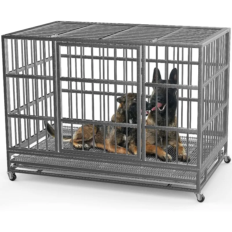 

38 Inch Heavy Duty Indestructible Dog Crate Cage Kennel with Wheels, High Anxiety Dog Crate, Sturdy Locks Design, Double Door