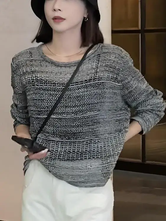 Camiseta larga de punto con huecos de talla grande japonesa para mujer, Top informal, transpirable, agradable para la piel, ropa de otoño