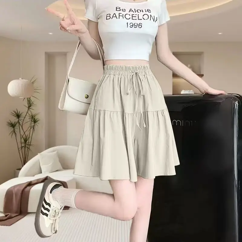 New Trendy Spring and Summer Fashion Ice Silk Loose Wide-leg Shorts for Women Large Size Korean Versatile Casual Strap Shorts