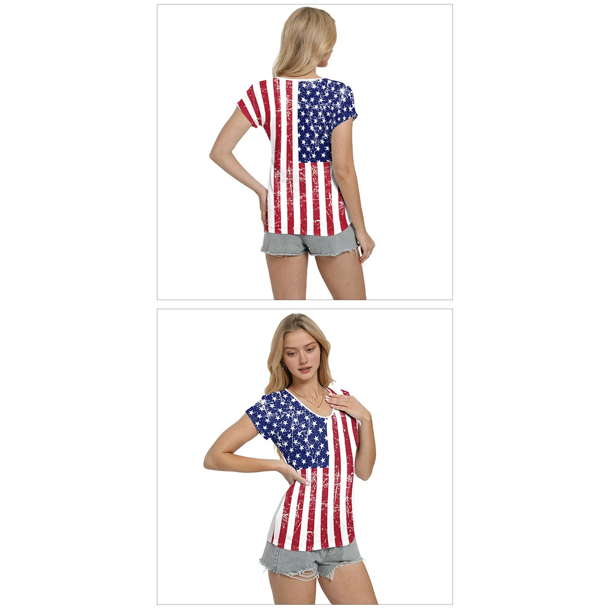 Camiseta con bandera americana para mujer, camisetas informales con estampado de bandera americana y estrella del 4 de julio, camisetas con cuello en V, CG021-1004 L