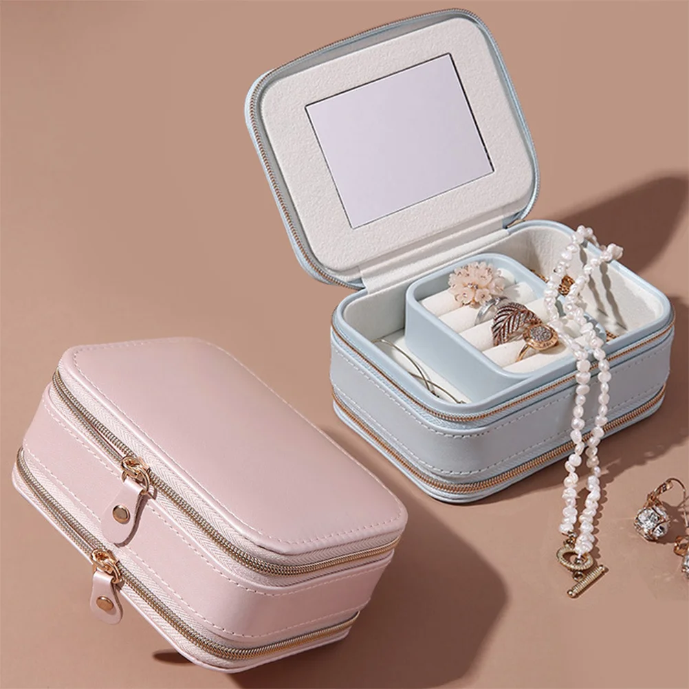 

Compact Multi-Cell PU Jewelry Storage Holder for Women Girls Blue Travel Case with Mirror Elegant Present