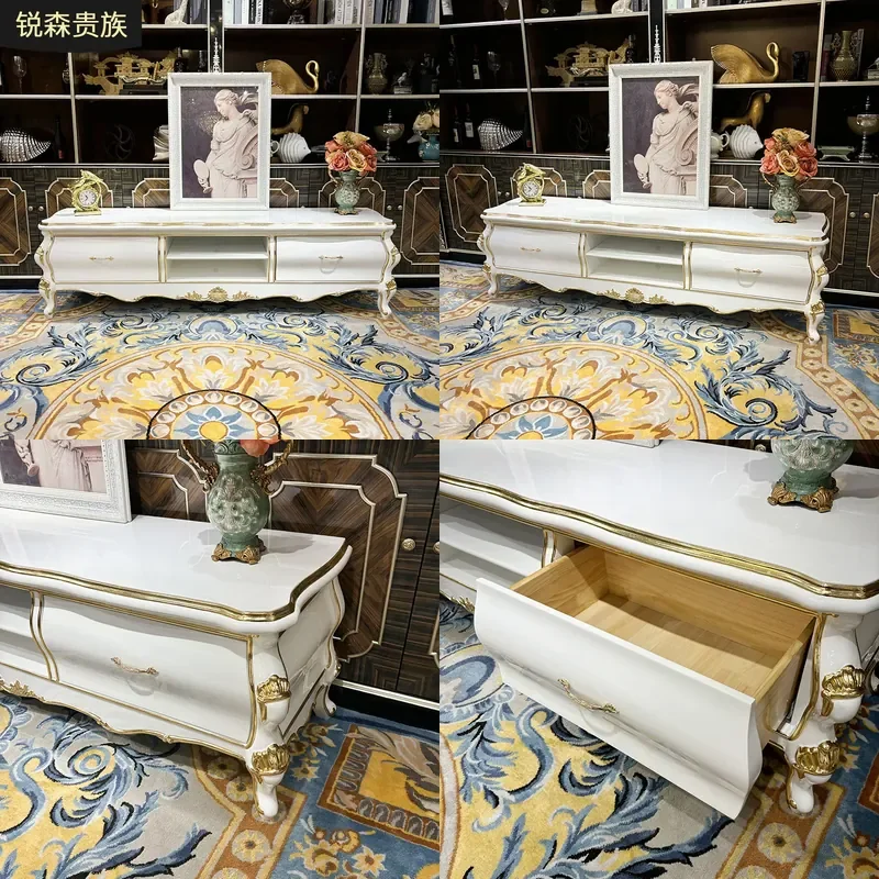For 2.4m French European Style Solid Wood Carved Flower TV Cabinet Living Room Floor Storage Locker Furniture