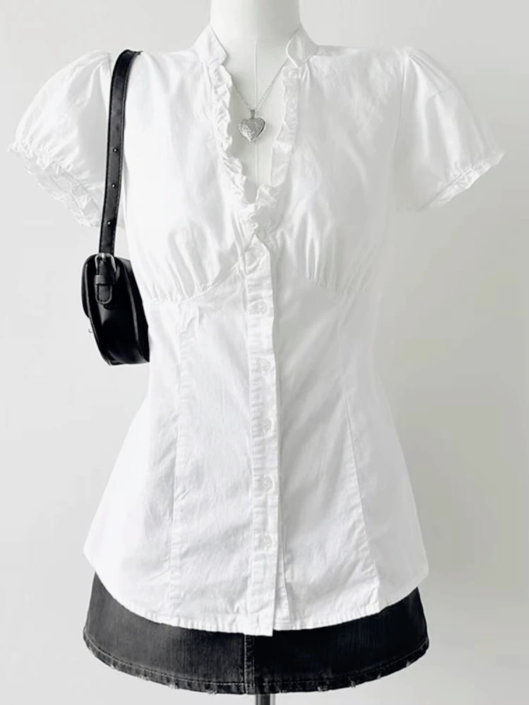 Deeptown White Basic Women Ruffle Shirts Elegant V Neck Short Sleeve Korean Fashion Crop Blouses Slim Japanese Preppy Jk Summer