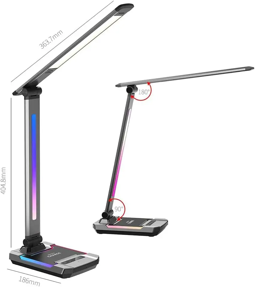 Gaming Desk Lamp with Music Sync RGB, Wireless Charger, USB Port, Adjustable Arm for PC Room Decoration