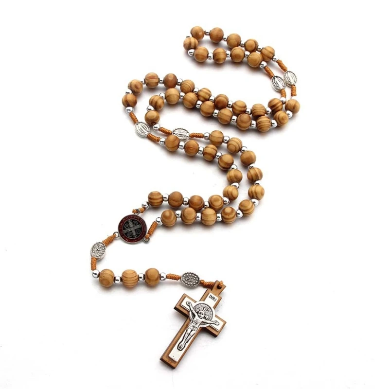 10mm Wooden Beads Catholic Rosary Necklace Christian Religious Jesus Pendant Praying Jewelry for Men Women Gift B03E
