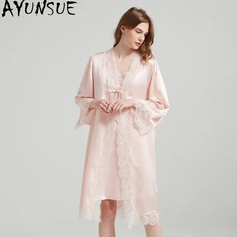 

AYUNSUE 100% Genuine Silk Robes for Women 19MM Silk Slip Nightdress 2026 Spring Summer Sleepwear Bathrobes Set Pijama Feminino