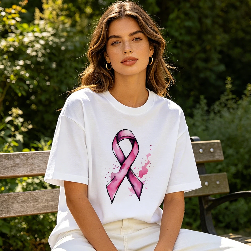 Watercolor Splash Pink Ribbon Graphic Women Summer Cotton T Shirt Breast Cancer Support Gentle Short Sleeve Apparel