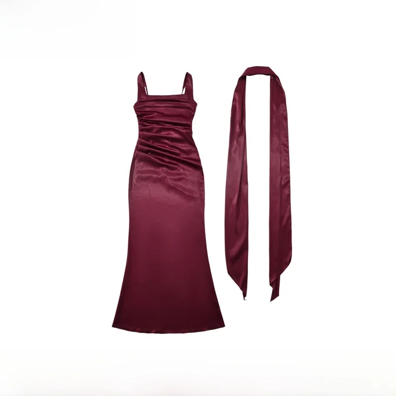 Spring Summer New Arrival Women's Fashion Simple Pure Color Fishbone Tie Dress H Version City Commute Polyester Fiber Dress