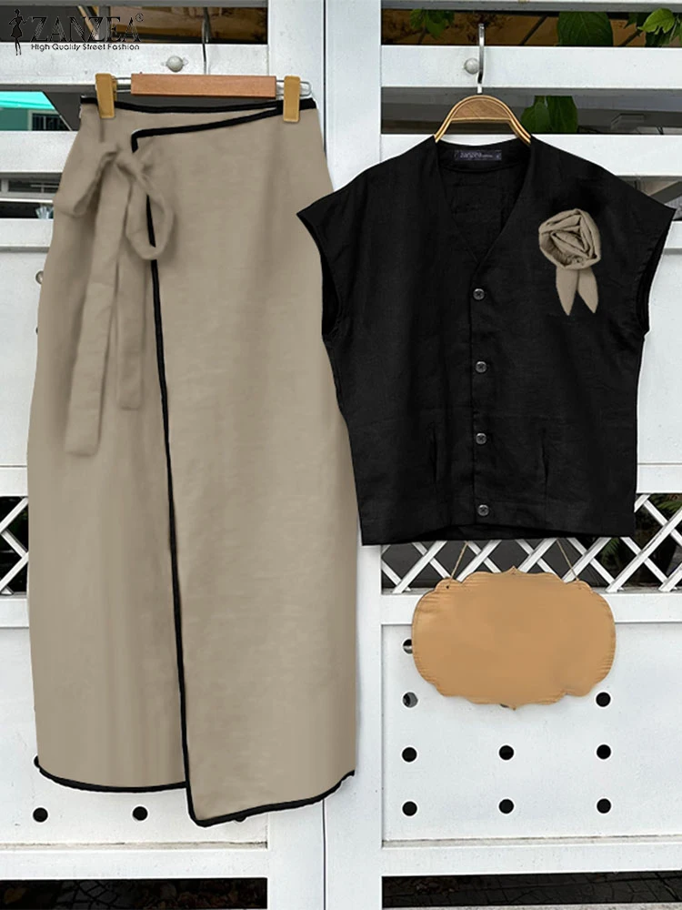 

ZANZEA 2PCS Women Dress Sets 2025 Casual Short Sleeve Tops Maxi Skirts Vintage Solid Color Elastic Waist Flower Elegant Suits