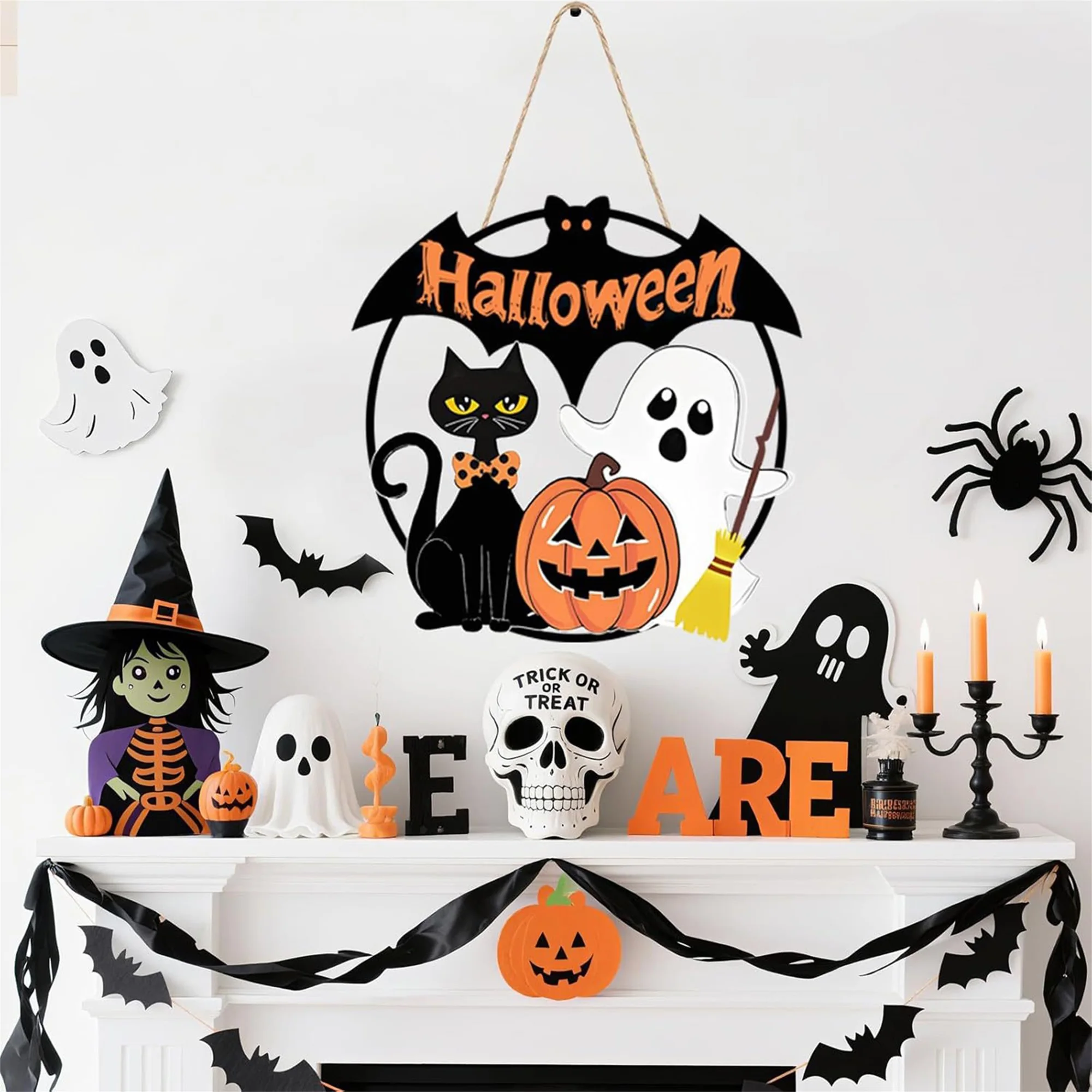 لافتة باب خشبية مخيفة للهالوين مع مضرب اليقطين الشبح على شكل قطة سوداء - ديكور معلق احتفالي للحفلات المنزلية