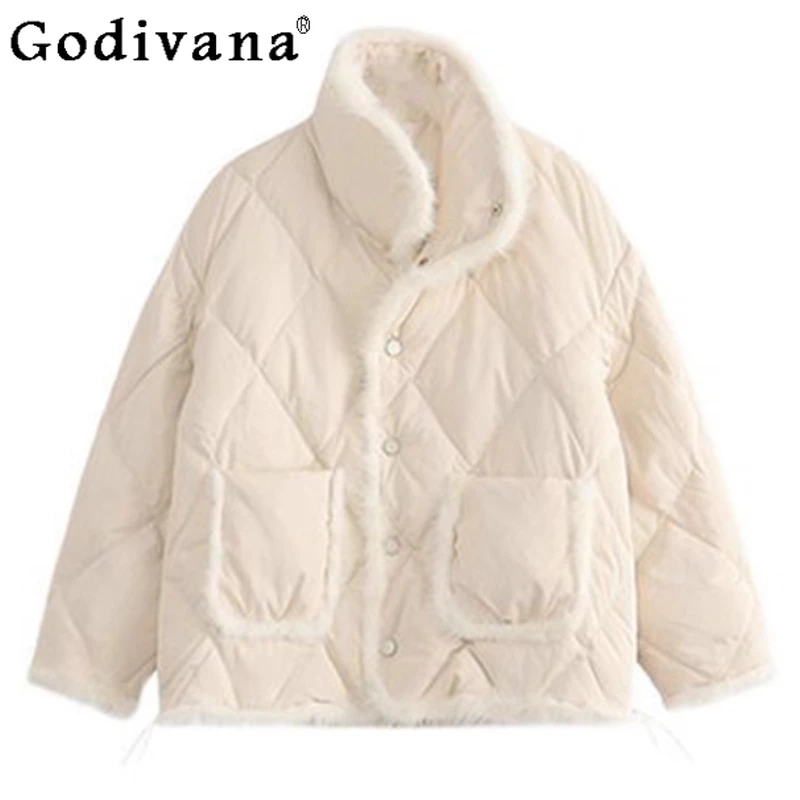 

Women New Winter Loose Long Sleeves Versatile Korean Cotton-padde Jacket Fashion Age-reducing Warm Diamond Grid Short Coat