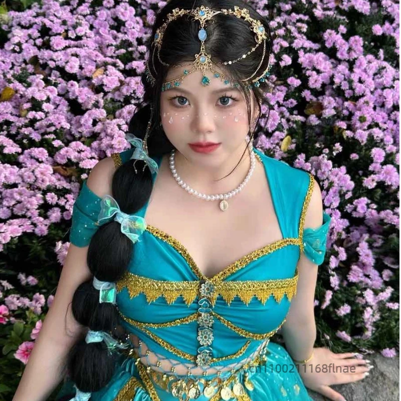 Nuovo set da 7 pezzi per la danza del ventre da donna, set di costumi di Halloween per la danza del ventre della principessa Jasmine di Aladino