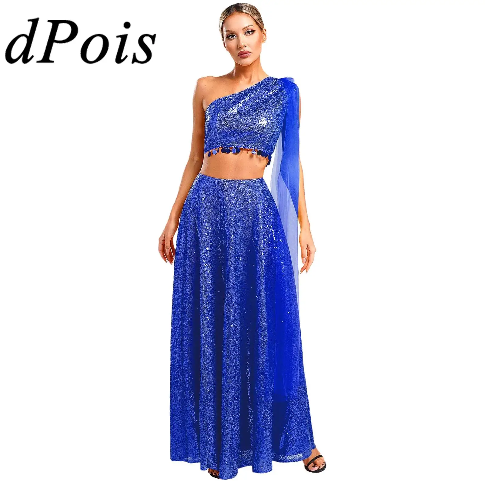 Womens Dress Sets Glitter Sequin India Lehenga Party Gown Sleeveless Crop Top with Saree Drape Maxi Skirt for Wedding Banquets