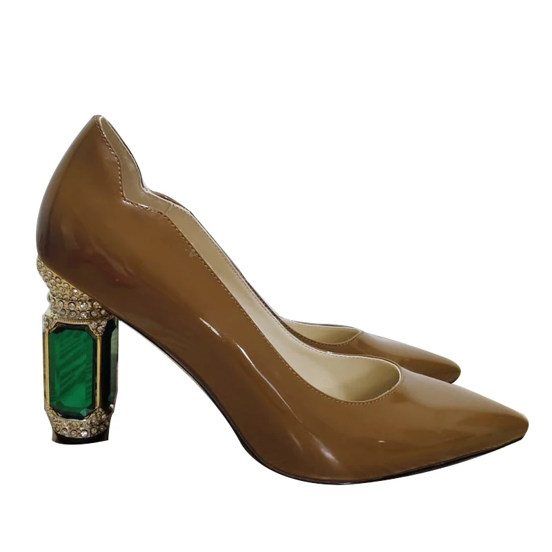 SHOFOO Sexy women's high heels. Brown patent leather single shoes. About 10.5 cm heel height. Pointed toe pumps . Crystal heels.
