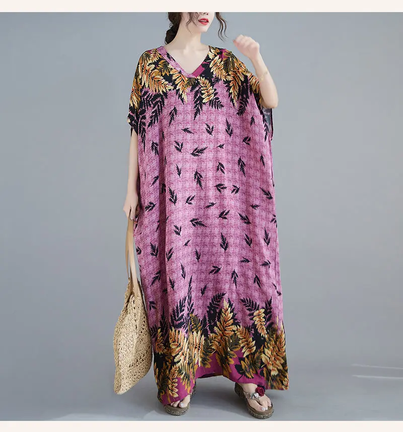 Batwing Sleeve Straight V-Neck Floral Printed Long Dress  Women Elegant Retro Ethnic Robe National Vintage Loose Holiday Dress