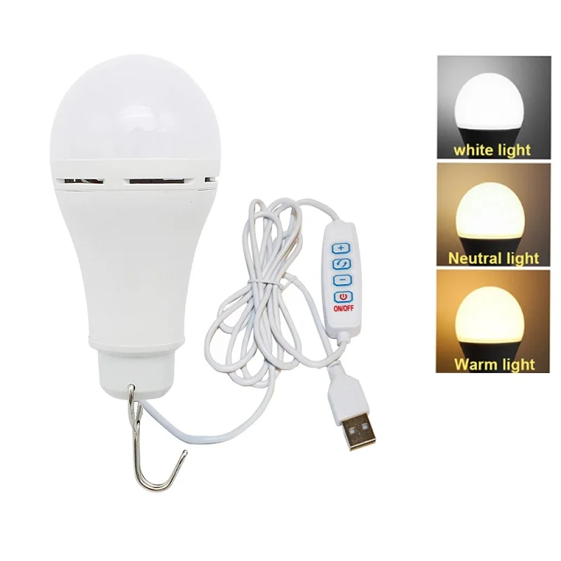 

USB Bulb Tri-Colour Infinitely Dimmable 5W/10W Portable Light Tent Camping Travel Emergency Bulb Hook Light Bulb
