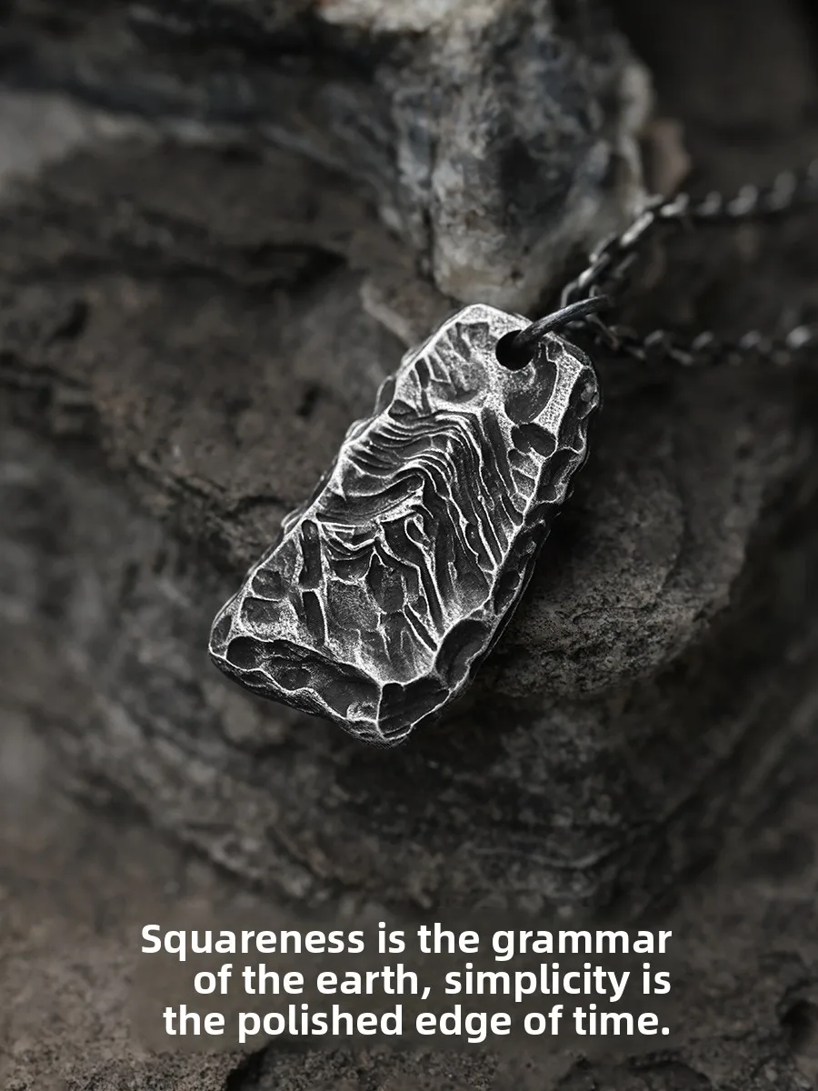 Handmade Original Pure Silver Men's Necklace Square Mountain Design Unique Vintage Feelings Unisex Black Color New Stock