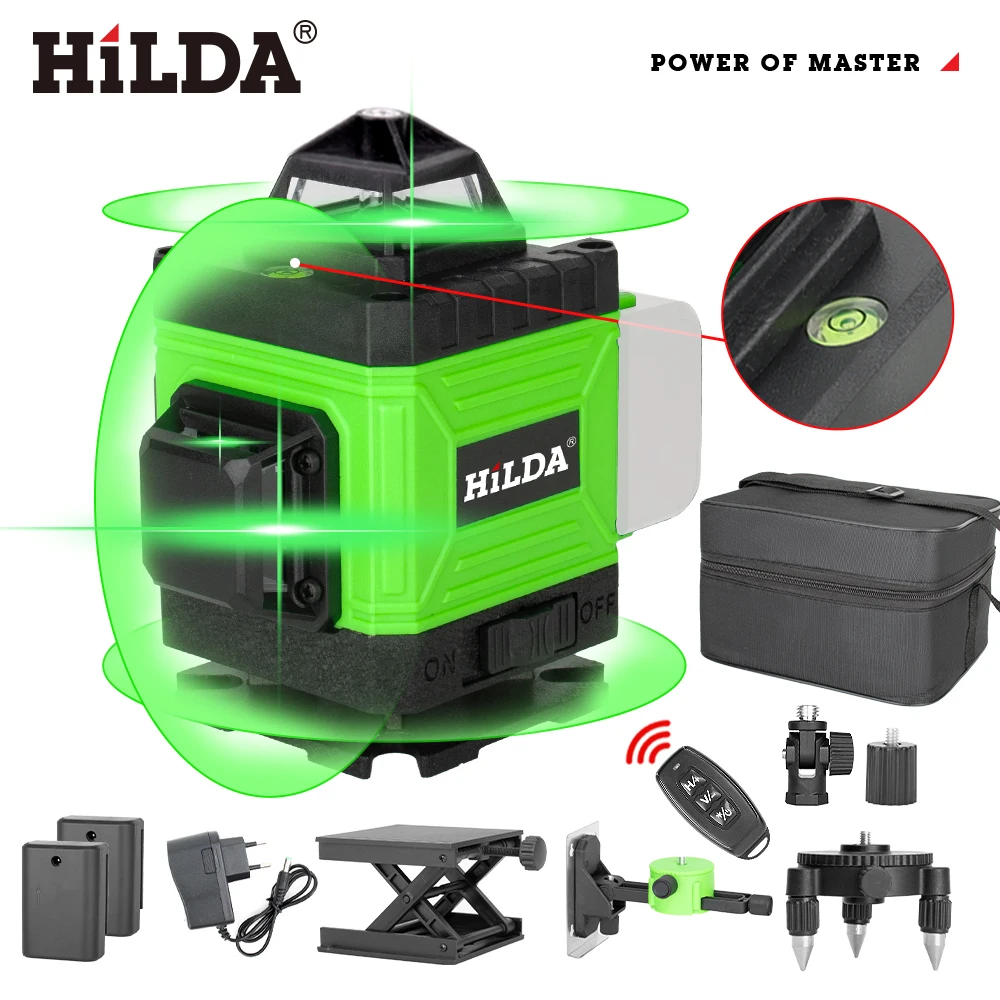 HILDA 16 Lines Green Line Laser Level Remote Control Horizontal and Vertical Cross 360° Self-Leveling Laser Level